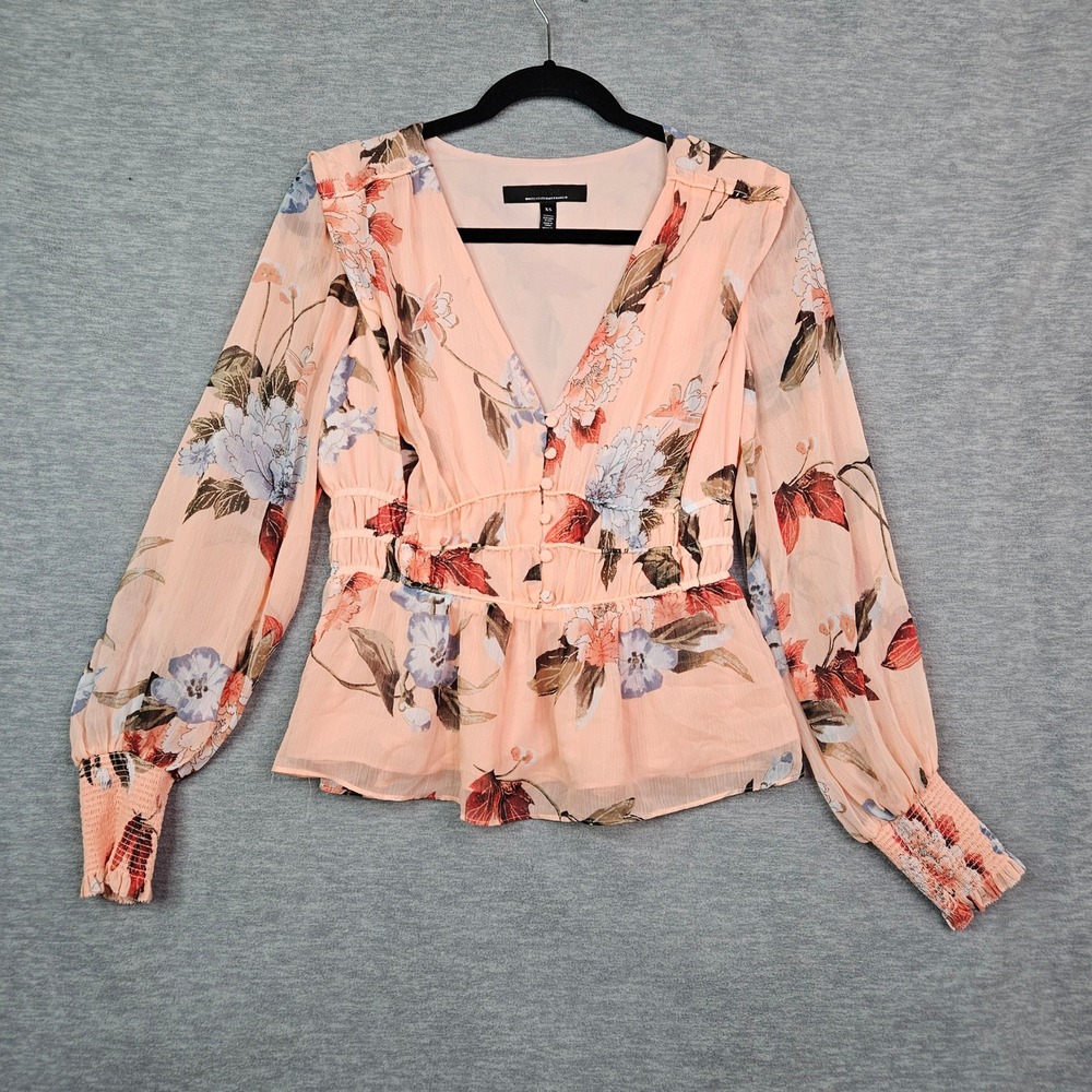White House Black Market Peach Floral Smocked Peplum V-neck Blouse Women's Sz XS